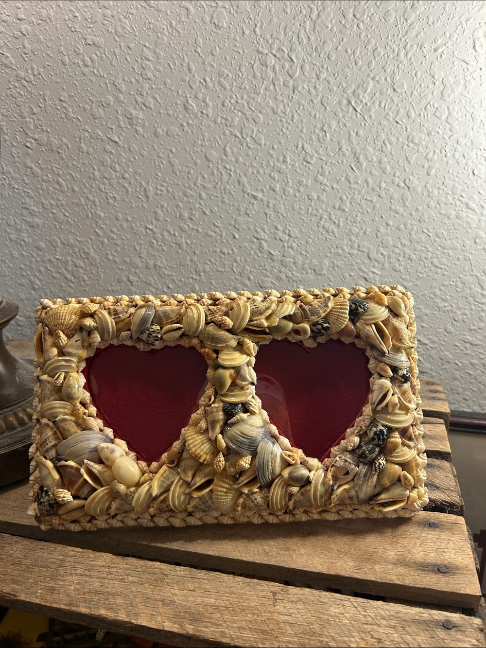 Seashell Double Heart Photo Frame - Natural Shells with Red Accent coastal